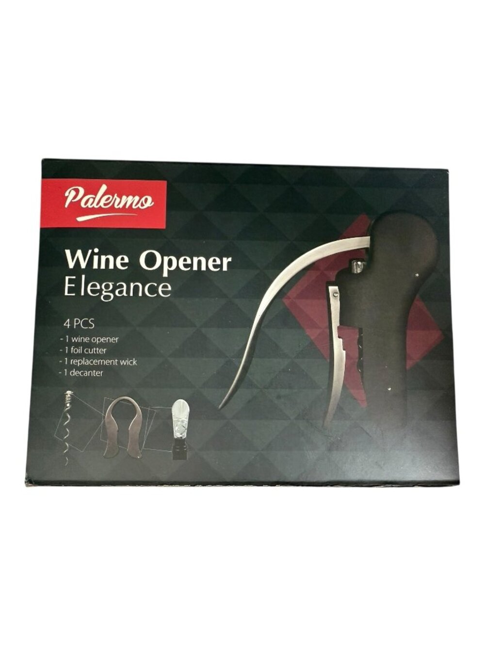 Palermo Wine Opener Elegance 4 Piece Set Opener Cutter Wick Decanter P21 02